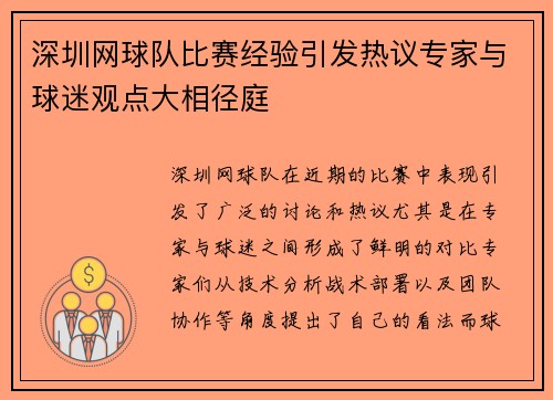 深圳网球队比赛经验引发热议专家与球迷观点大相径庭